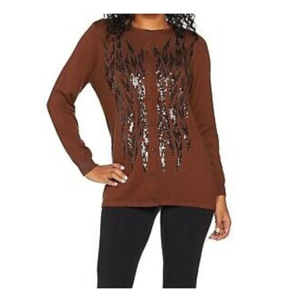 Bob Mackie Chocolate Sequined Cotton Blend Knit Cardigan Sweater Size Medium